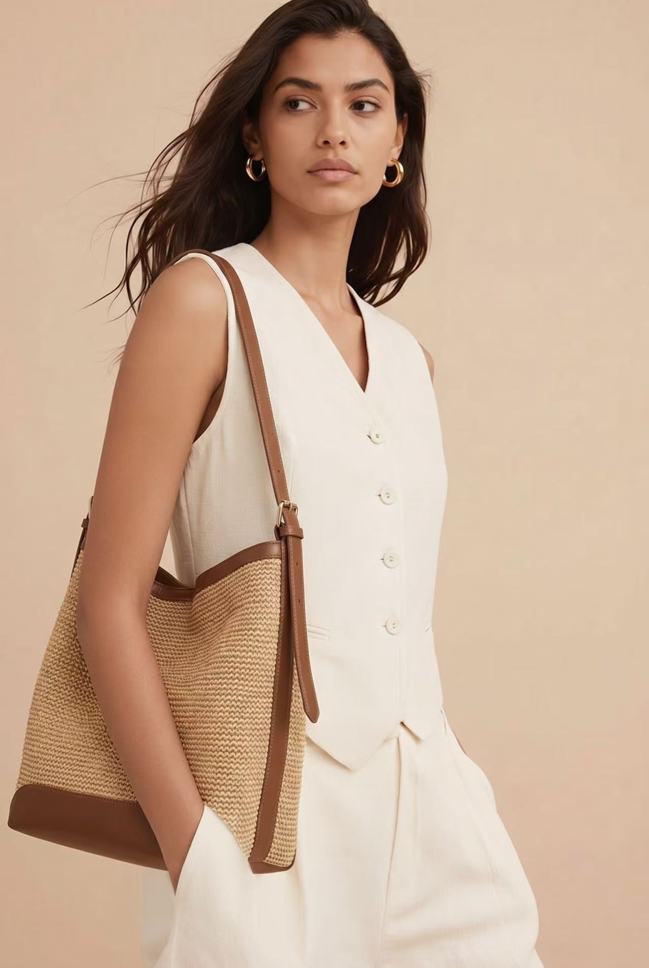 straw-woven bucket tote bag
