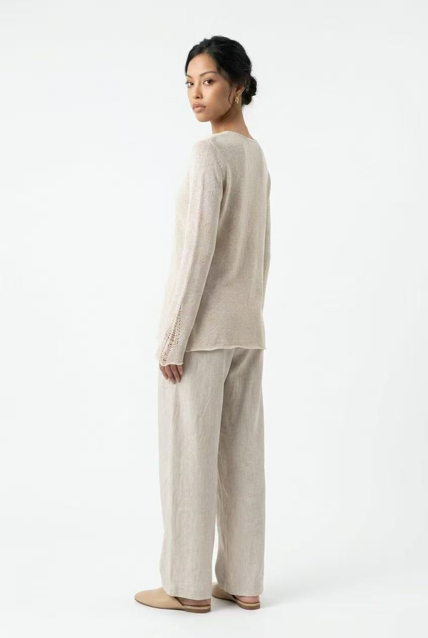 V-neck Tencel linen long-sleeve knitted top for women, loose fit, old money style with unique design details