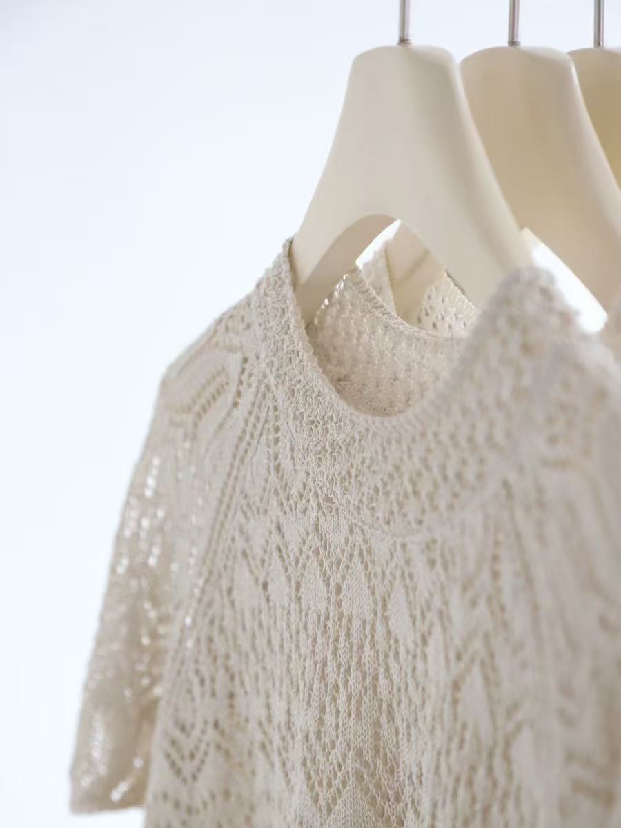 Elegant Openwork Short Sleeve Knit Top