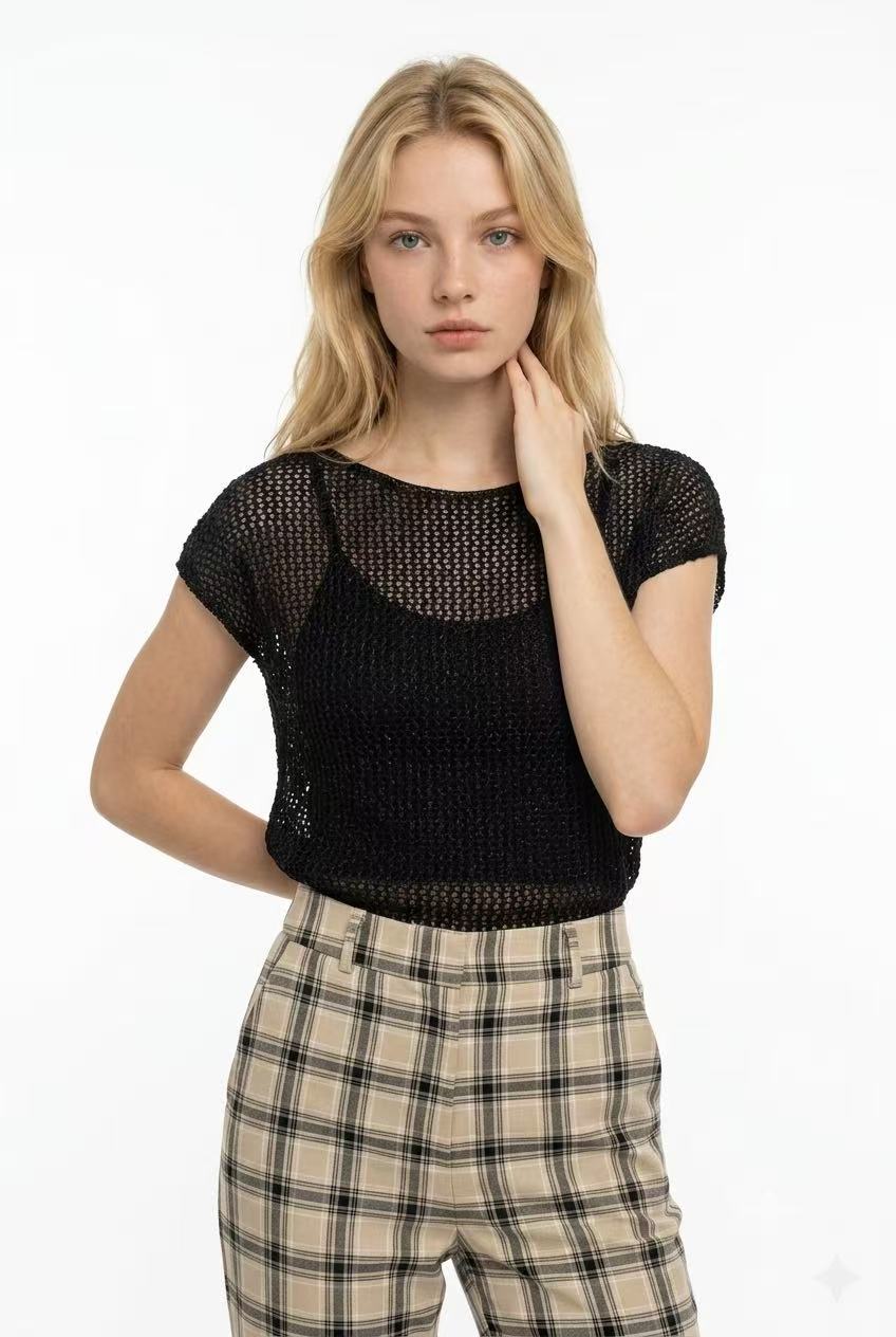 Milk Silk Hollow-Knit Cap Sleeve Pullover