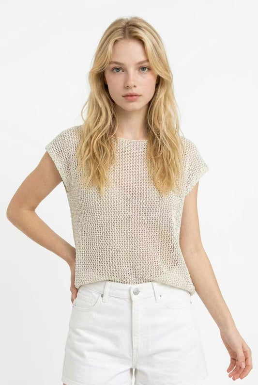 Milk Silk Hollow-Knit Cap Sleeve Pullover