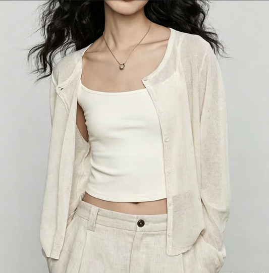 Round Neck Open-Knit Cardigan