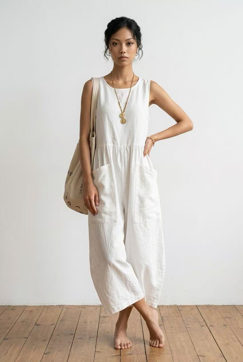 Sleeveless Linen-Cotton Jumpsuit