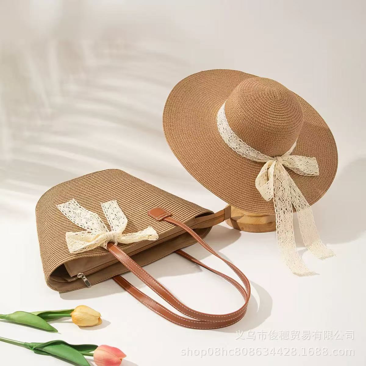 Summer straw hat and woven tote bag set