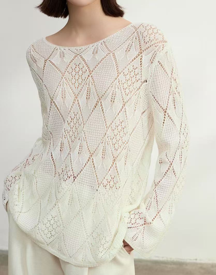 Design-forward off-the-shoulder hollow-knit lightweight long-sleeve sweater, women’s new spring 2026 outerwear top