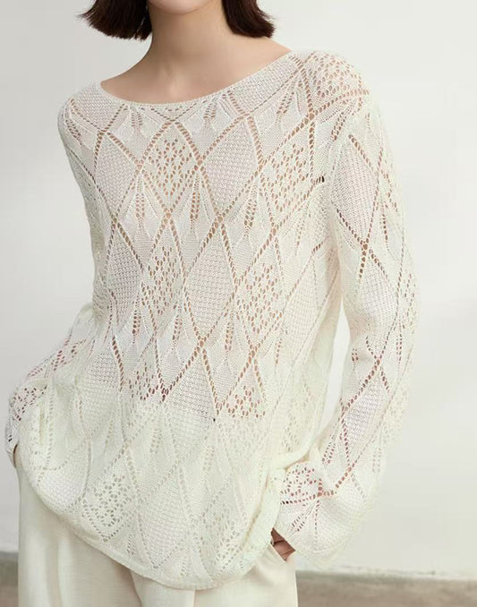 Design-forward off-the-shoulder hollow-knit lightweight long-sleeve sweater, women’s new spring 2026 outerwear top