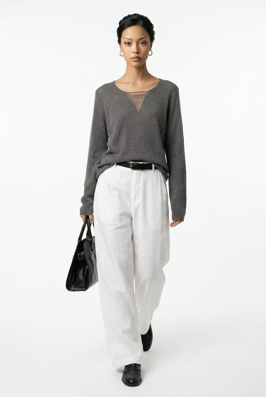 V-neck Tencel linen long-sleeve knitted top for women, loose fit, old money style with unique design details