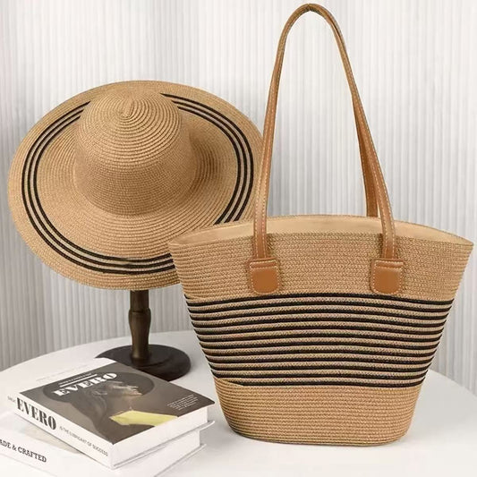 Summer straw hat and woven tote bag set