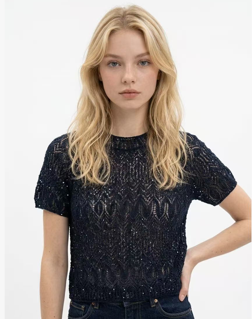 Elegant Openwork Short Sleeve Knit Top