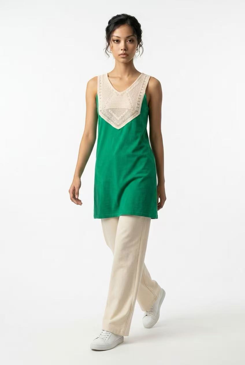 Sleeveless crochet panel mini dress