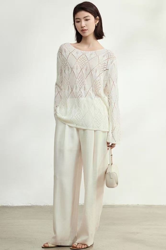 Design-forward off-the-shoulder hollow-knit lightweight long-sleeve sweater, women’s new spring 2026 outerwear top