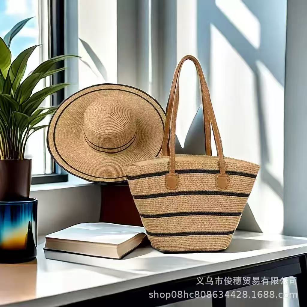 Summer straw hat and woven tote bag set