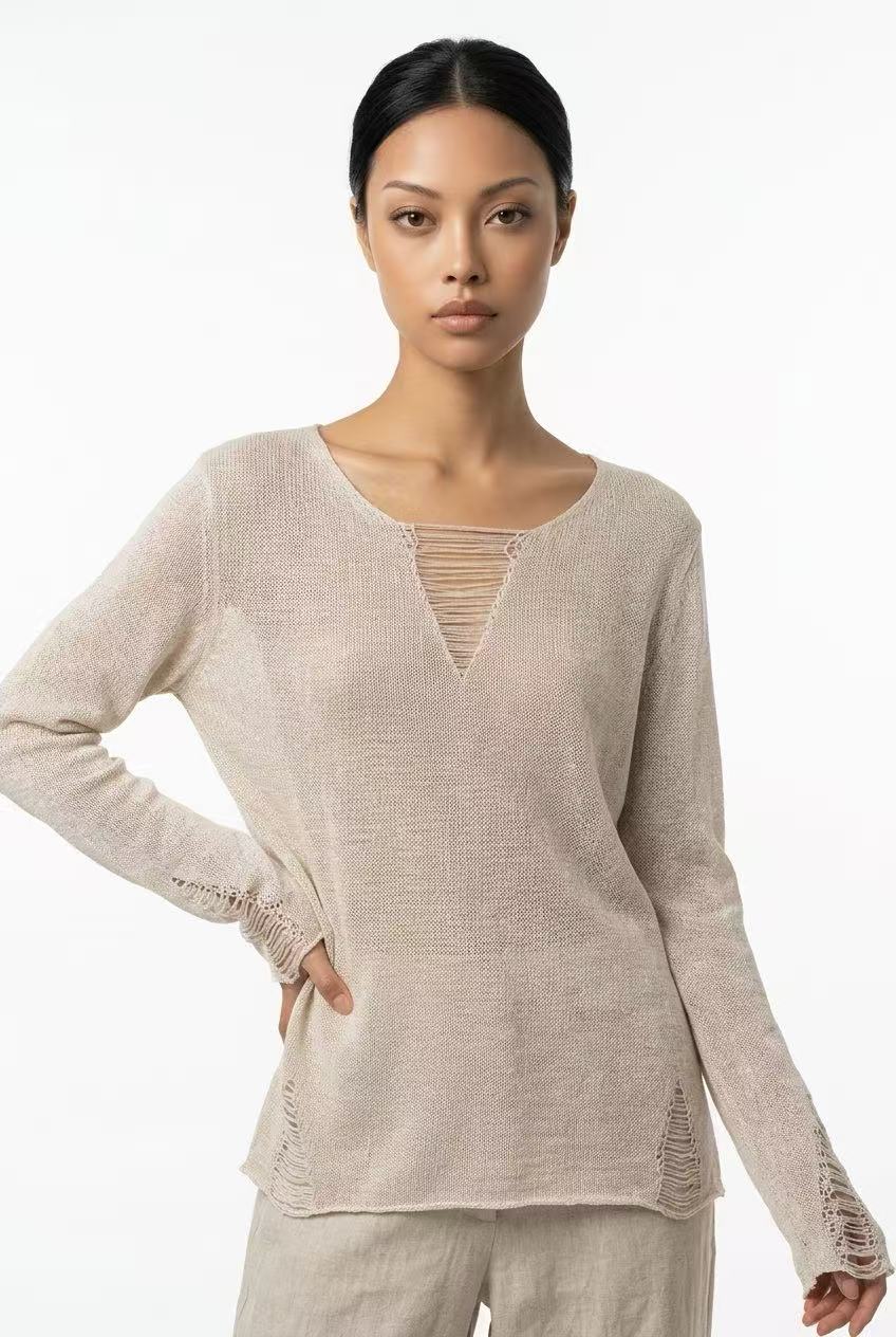 V-neck Tencel linen long-sleeve knitted top for women, loose fit, old money style with unique design details