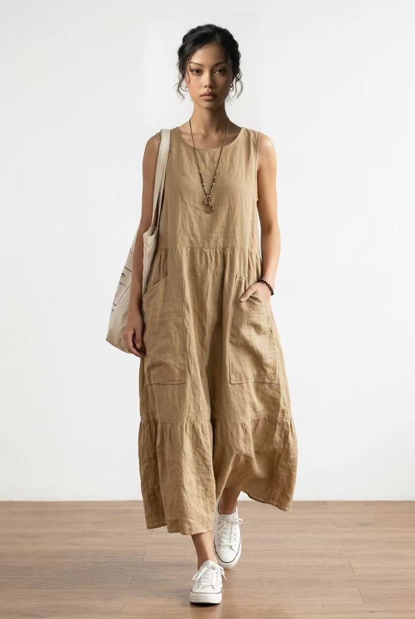 Sleeveless Linen-Cotton Jumpsuit