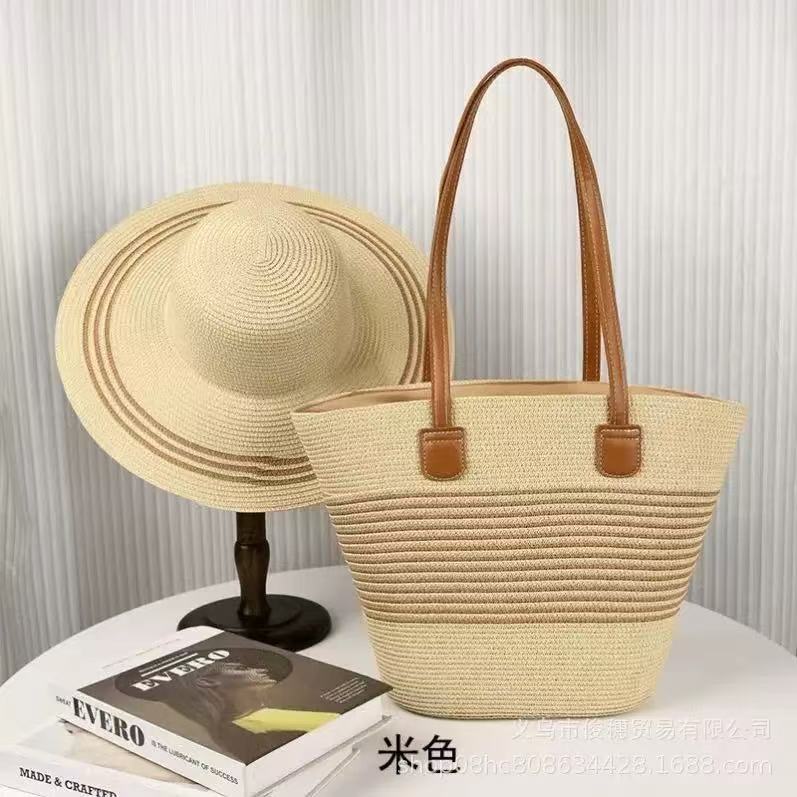Summer straw hat and woven tote bag set