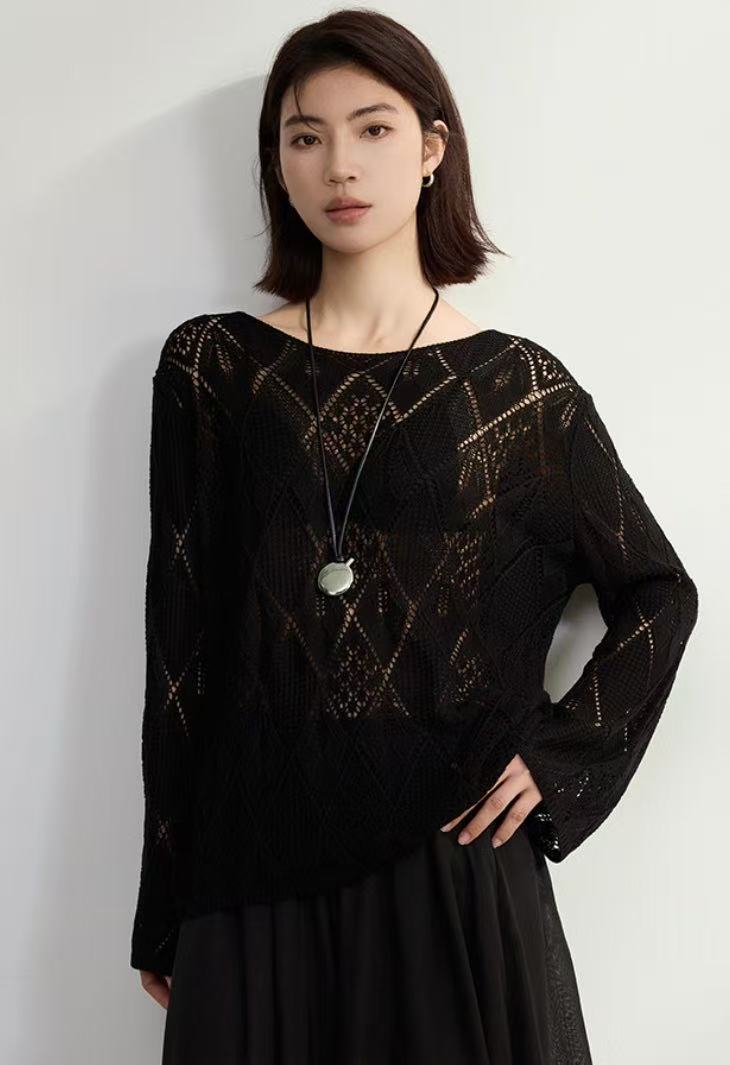 Design-forward off-the-shoulder hollow-knit lightweight long-sleeve sweater, women’s new spring 2026 outerwear top