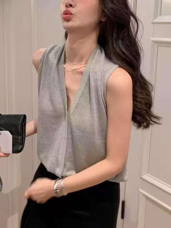 Tencel Linen Draped Cowl-Neck Sleeveless Top