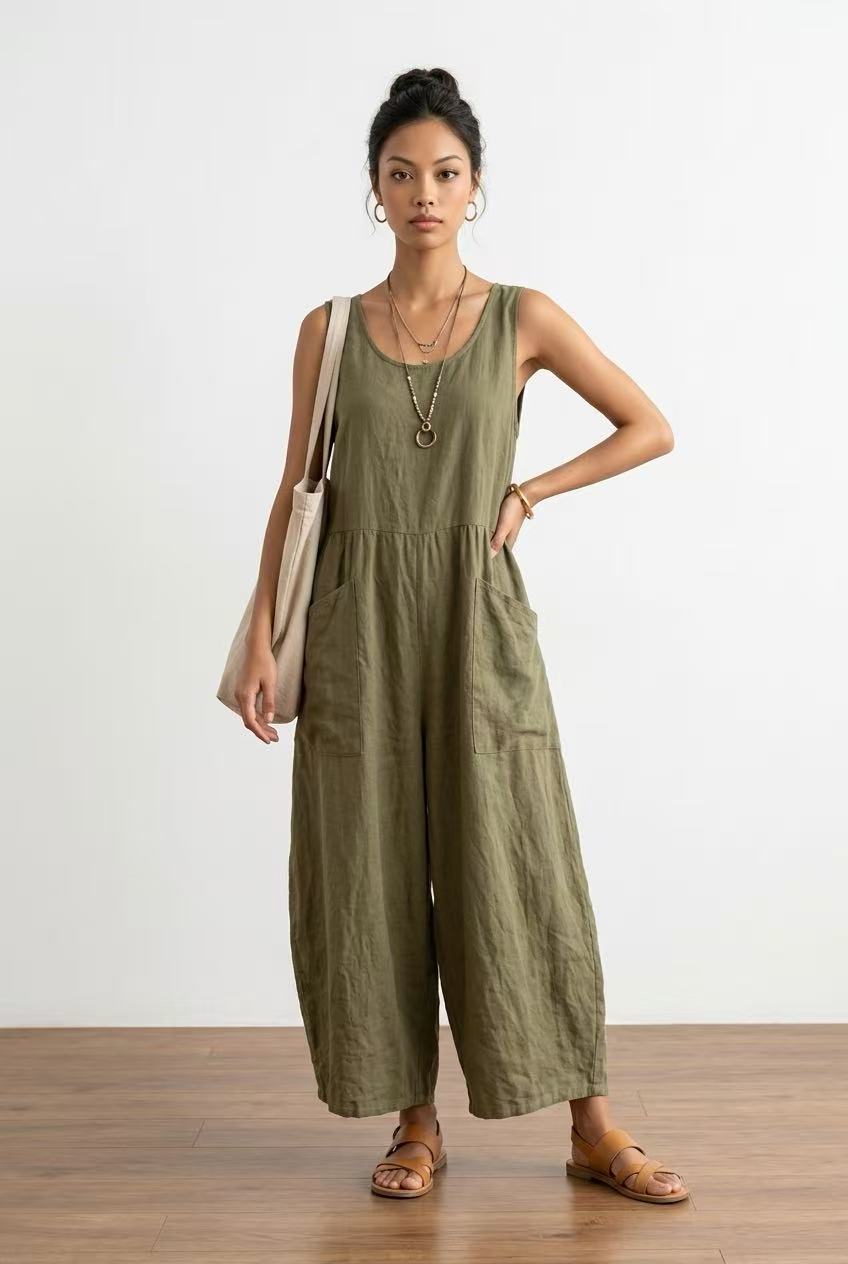 Sleeveless Linen-Cotton Jumpsuit