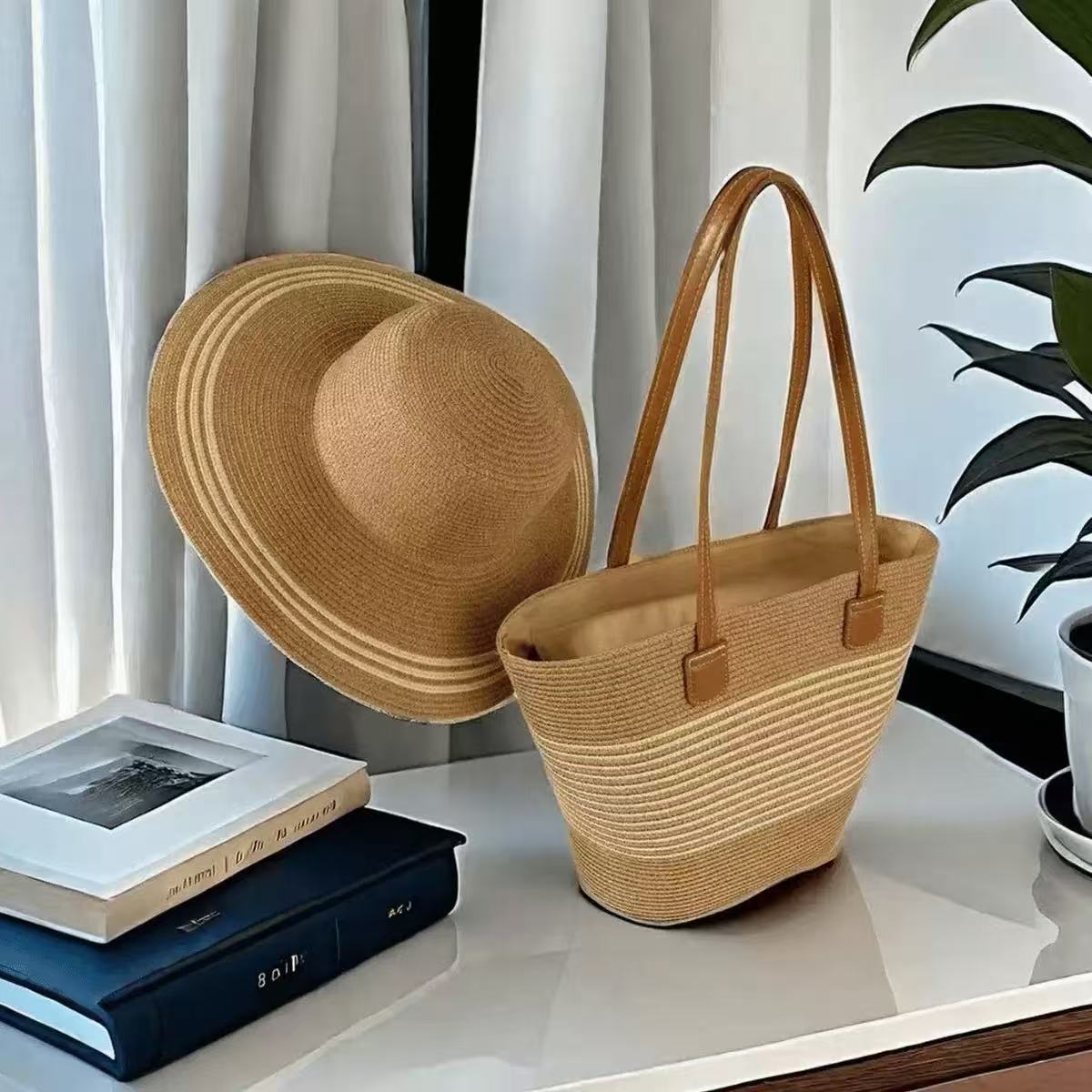 Summer straw hat and woven tote bag set