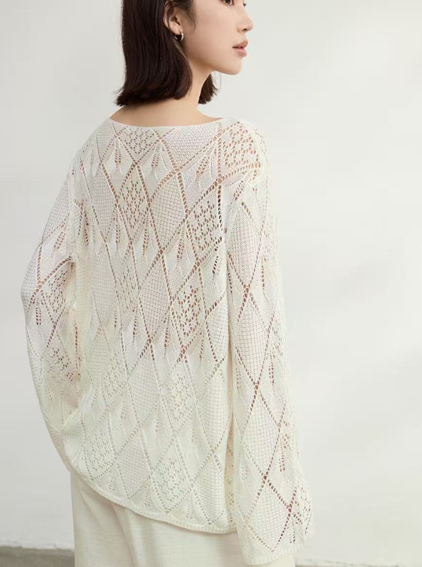 Design-forward off-the-shoulder hollow-knit lightweight long-sleeve sweater, women’s new spring 2026 outerwear top