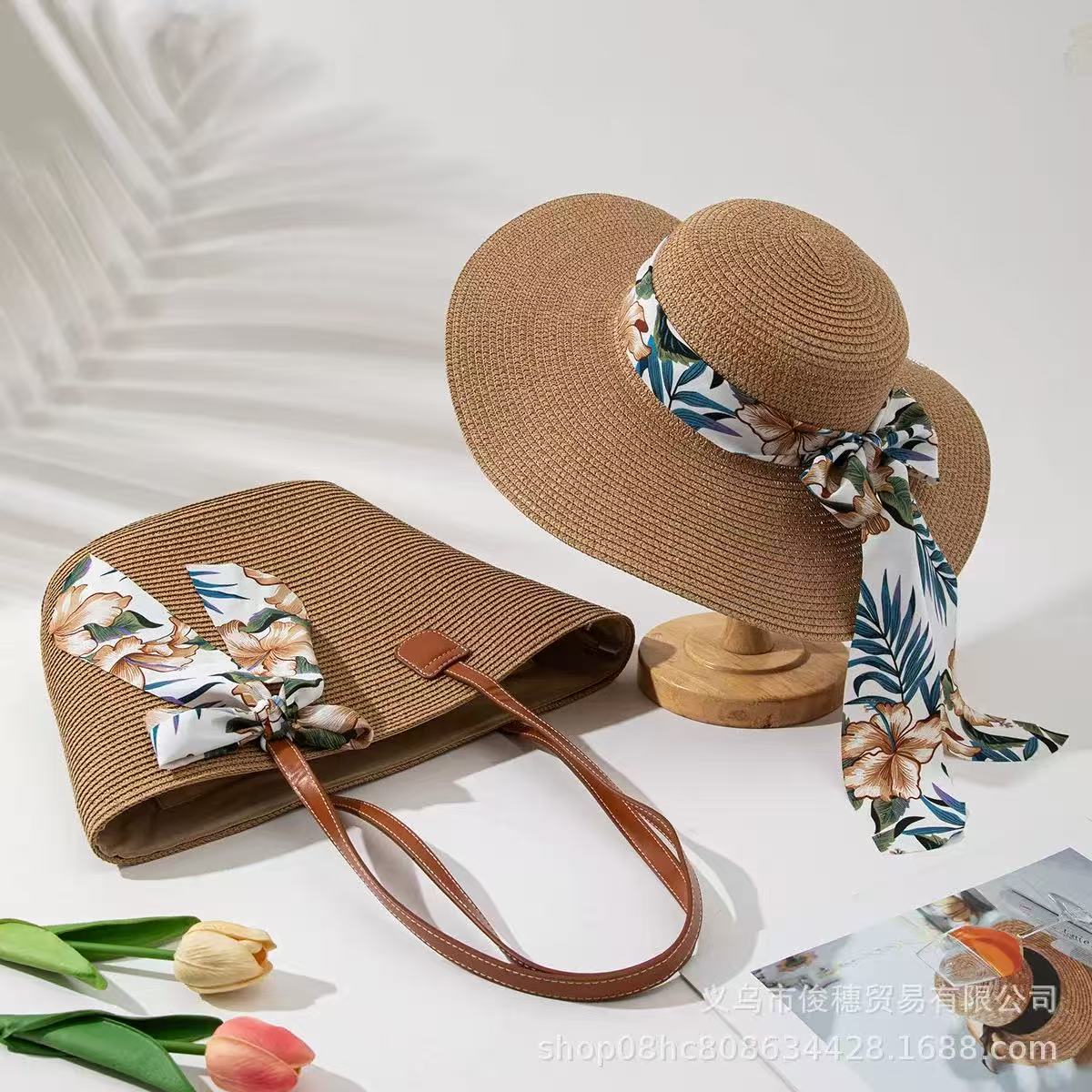 Summer straw hat and woven tote bag set
