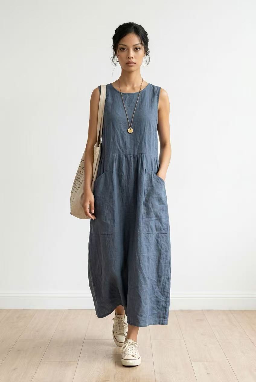Sleeveless Linen-Cotton Jumpsuit