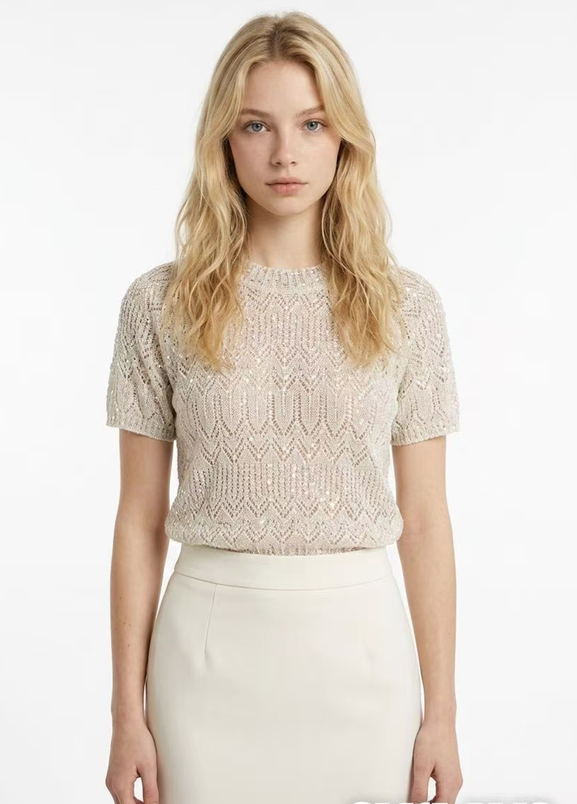 Elegant Openwork Short Sleeve Knit Top
