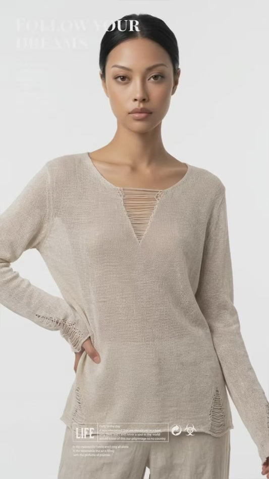 V-neck Tencel linen long-sleeve knitted top for women, loose fit, old money style with unique design details